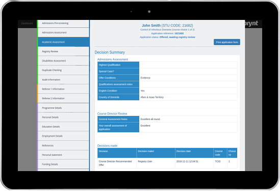 Paperless admissions processing - applicant portal